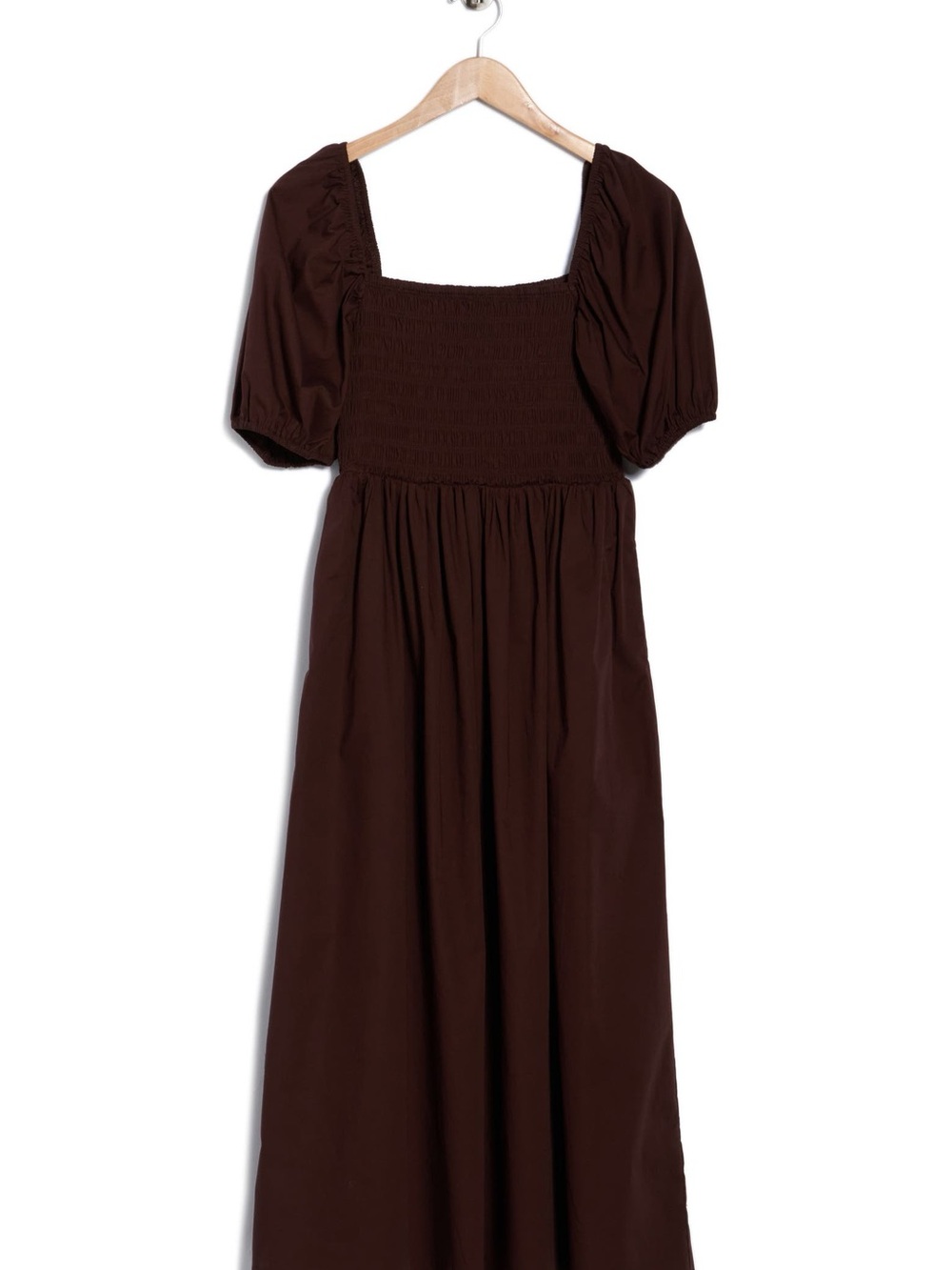WAYF Brown Puff-Sleeve Smocked Midi Dress - Picture 3 of 5